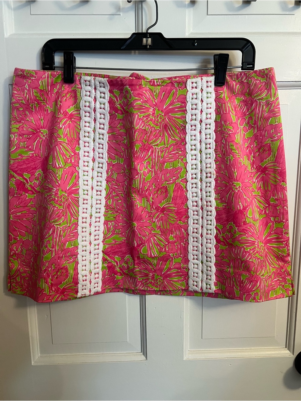 Lilly Pulitzer Pink Floral A-Line Skirt with White Crochet Panels